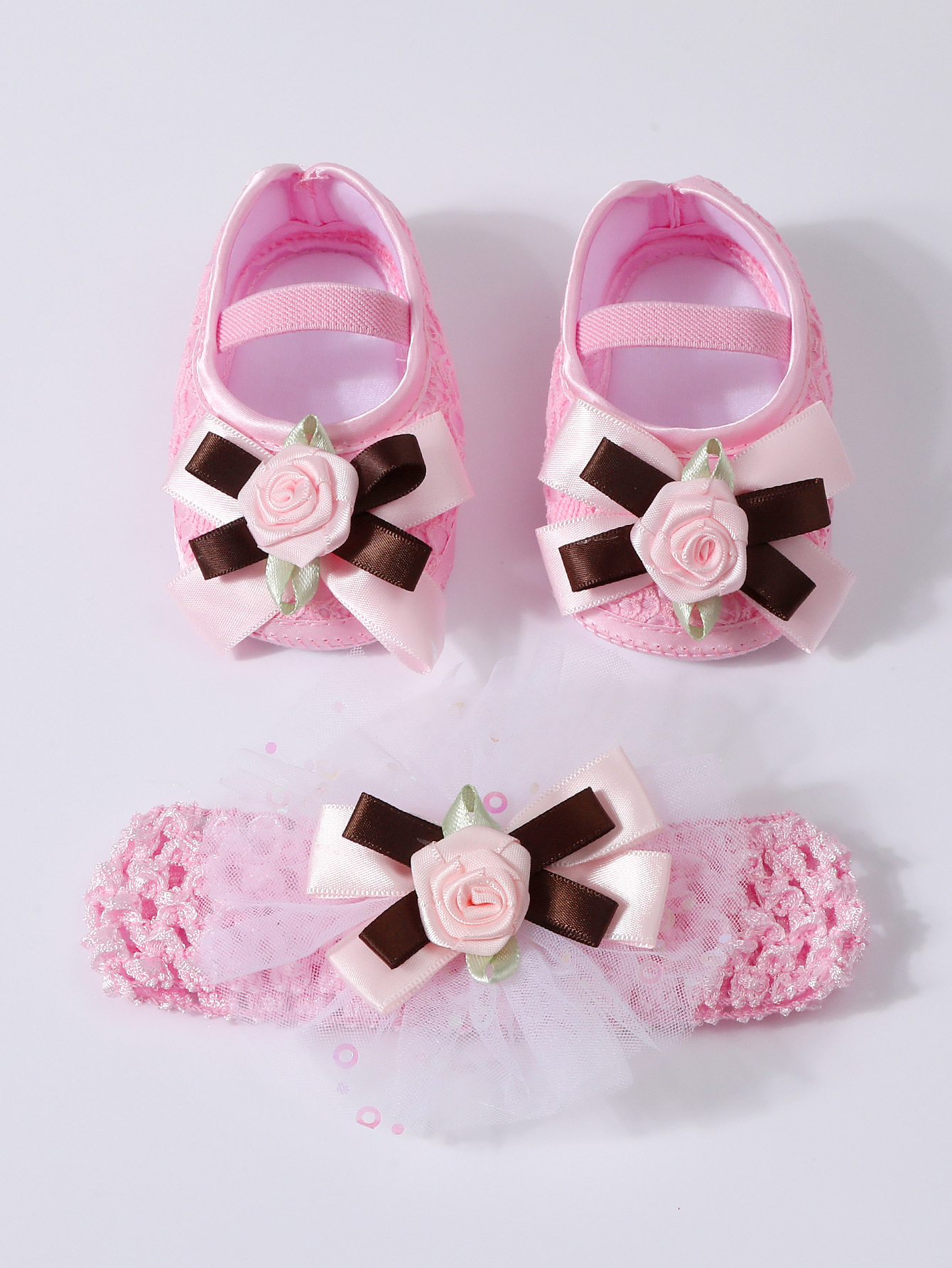 Spring Infant Baby Girl Shoes Newborn Lace Flowers Headband Anti-Slip Soft Sole First Walkers Toddler Kids Cotton Baptism Shoes
