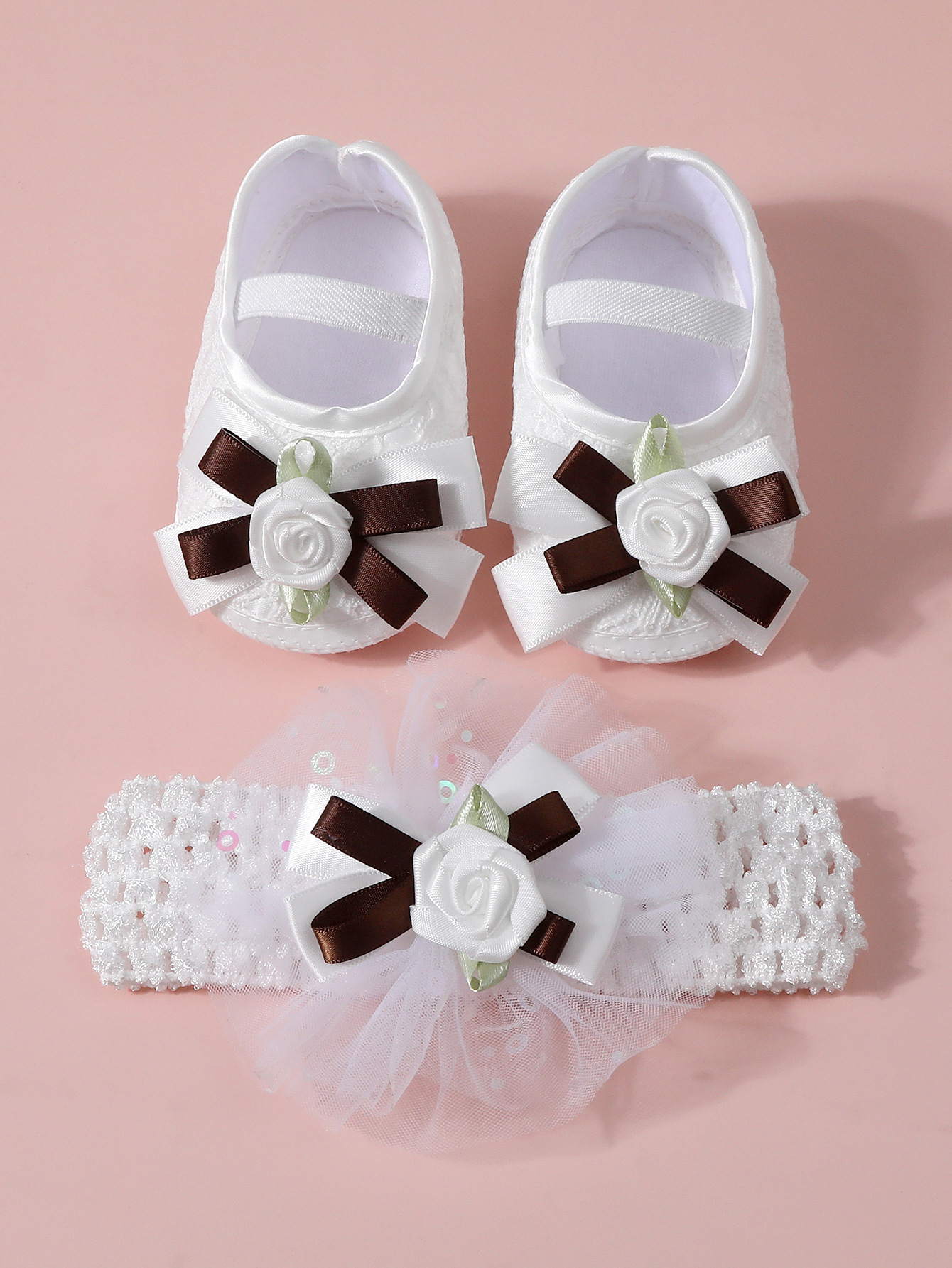 Spring Infant Baby Girl Shoes Newborn Lace Flowers Headband Anti-Slip Soft Sole First Walkers Toddler Kids Cotton Baptism Shoes