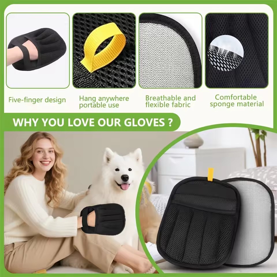 5-Finger Reusable Double-Sided Pet Hair Removal Glove Static Grooming Tool for Cats Dogs Soft Brush Mitt for Carpet Cloth Sofa