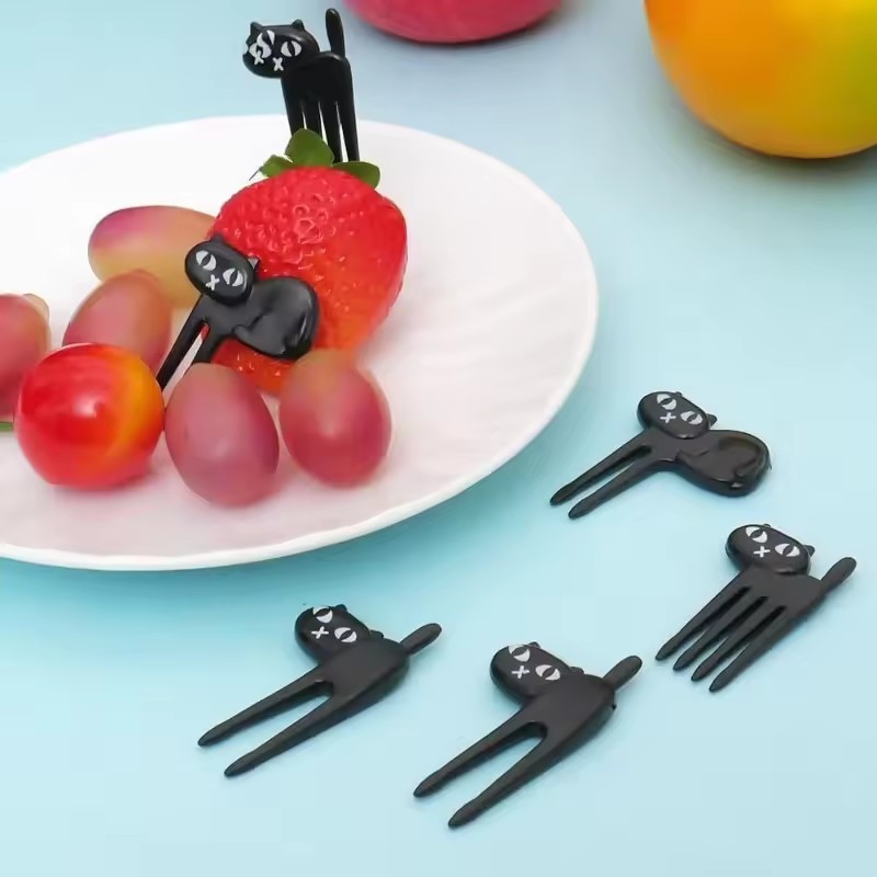 30pcs/Set Black Cat Fruit Fork Mini Cartoon Snack Cake Dessert Food Forks Bento Lunches Accessories Kitchen Utensils For