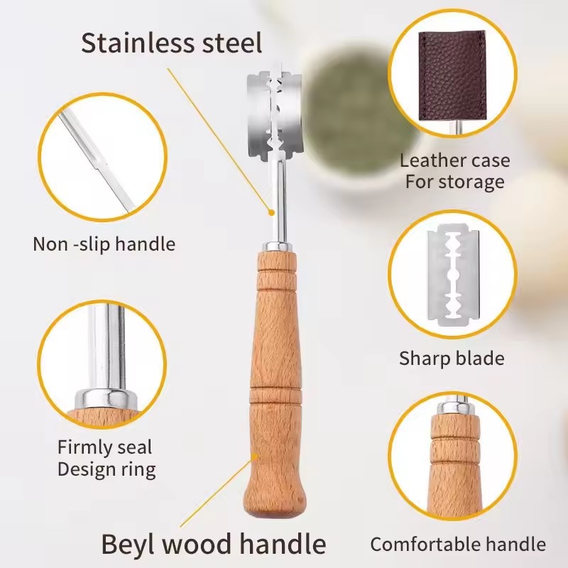 Wooden Handle Bread Scoring Lame Curved Blade Stainless Steel Dough Slashing Tool 18.5cm 5PCS Blades Curved Bread Lame
