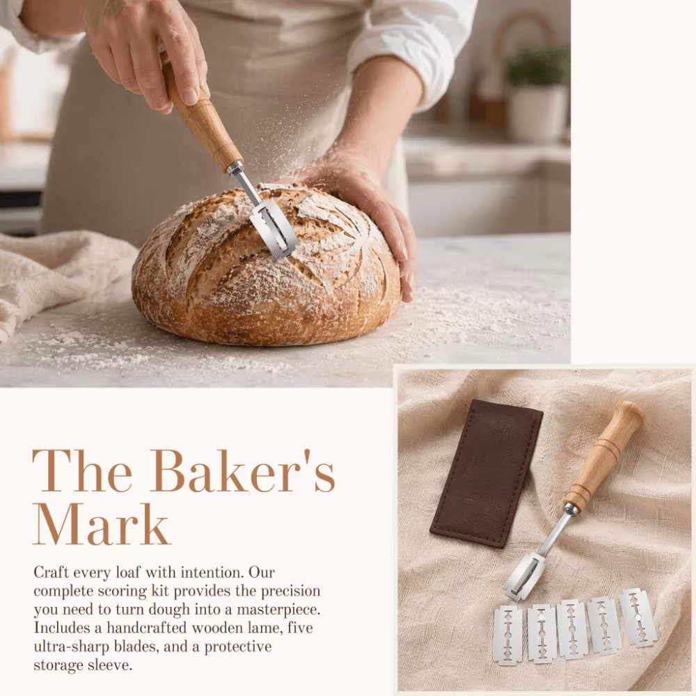 Wooden Handle Bread Scoring Lame Curved Blade Stainless Steel Dough Slashing Tool 18.5cm 5PCS Blades Curved Bread Lame