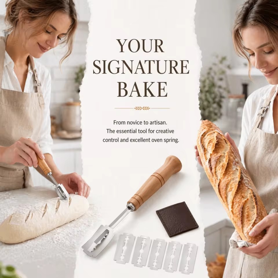 Wooden Handle Bread Scoring Lame Curved Blade Stainless Steel Dough Slashing Tool 18.5cm 5PCS Blades Curved Bread Lame