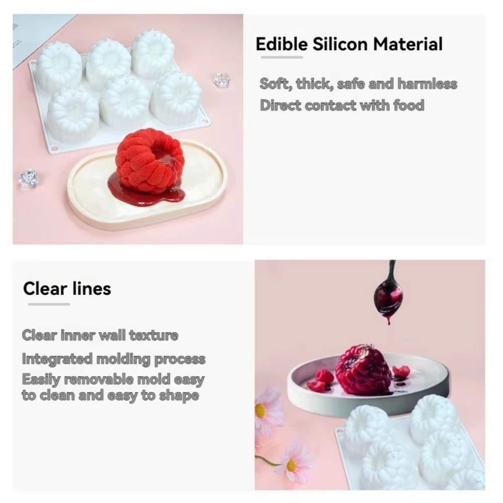 6-Cavity Raspberry Silicone Dessert Mold, Food Grade Chocolate Mousse Cake Baking Mold, Flexible Mold for Candy, Jelly&Ice Cube