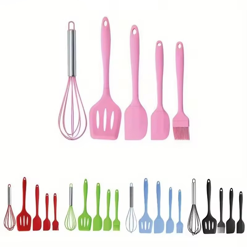 5Pcs Heat-Resistant Cooking Utensils Set Non-Stick Silicone Spatula Whisk Oil Brush Turner Cream Scraper Baking Set Kitchen Tool