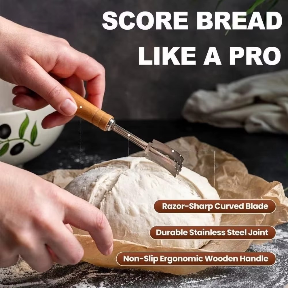 Wooden Handle Bread Scoring Lame Curved Blade Stainless Steel Dough Slashing Tool 18.5cm 5PCS Blades Curved Bread Lame