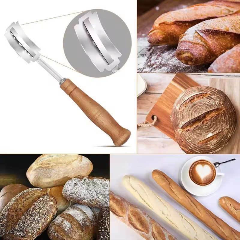 Wooden Handle Bread Scoring Lame Curved Blade Stainless Steel Dough Slashing Tool 18.5cm 5PCS Blades Curved Bread Lame