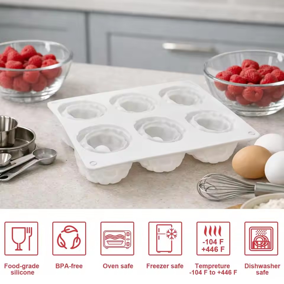 6-Cavity Raspberry Silicone Dessert Mold, Food Grade Chocolate Mousse Cake Baking Mold, Flexible Mold for Candy, Jelly&Ice Cube
