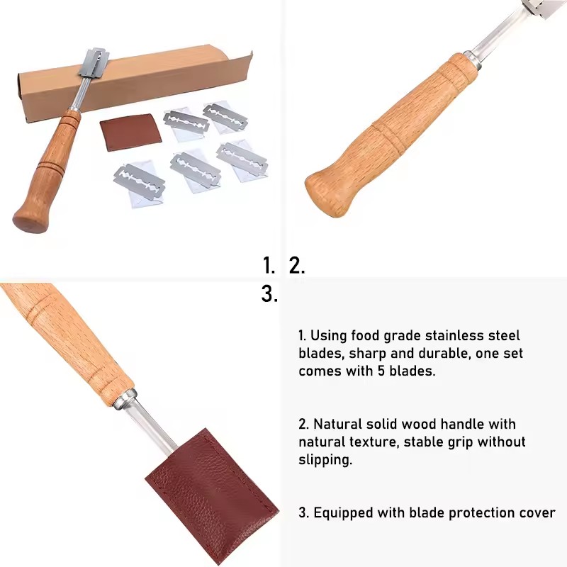 Wooden Handle Bread Scoring Lame Curved Blade Stainless Steel Dough Slashing Tool 18.5cm 5PCS Blades Curved Bread Lame