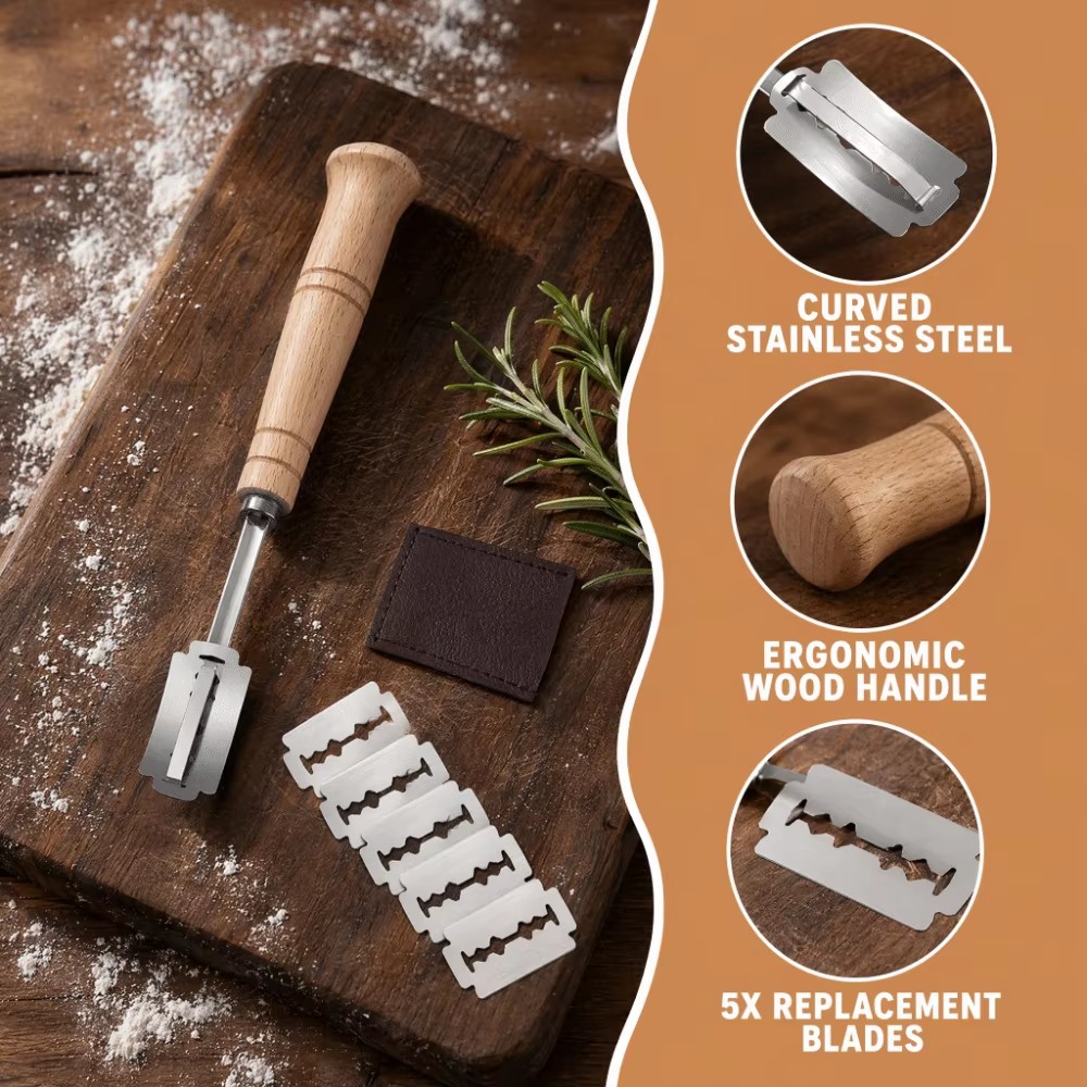 Wooden Handle Bread Scoring Lame Curved Blade Stainless Steel Dough Slashing Tool 18.5cm 5PCS Blades Curved Bread Lame