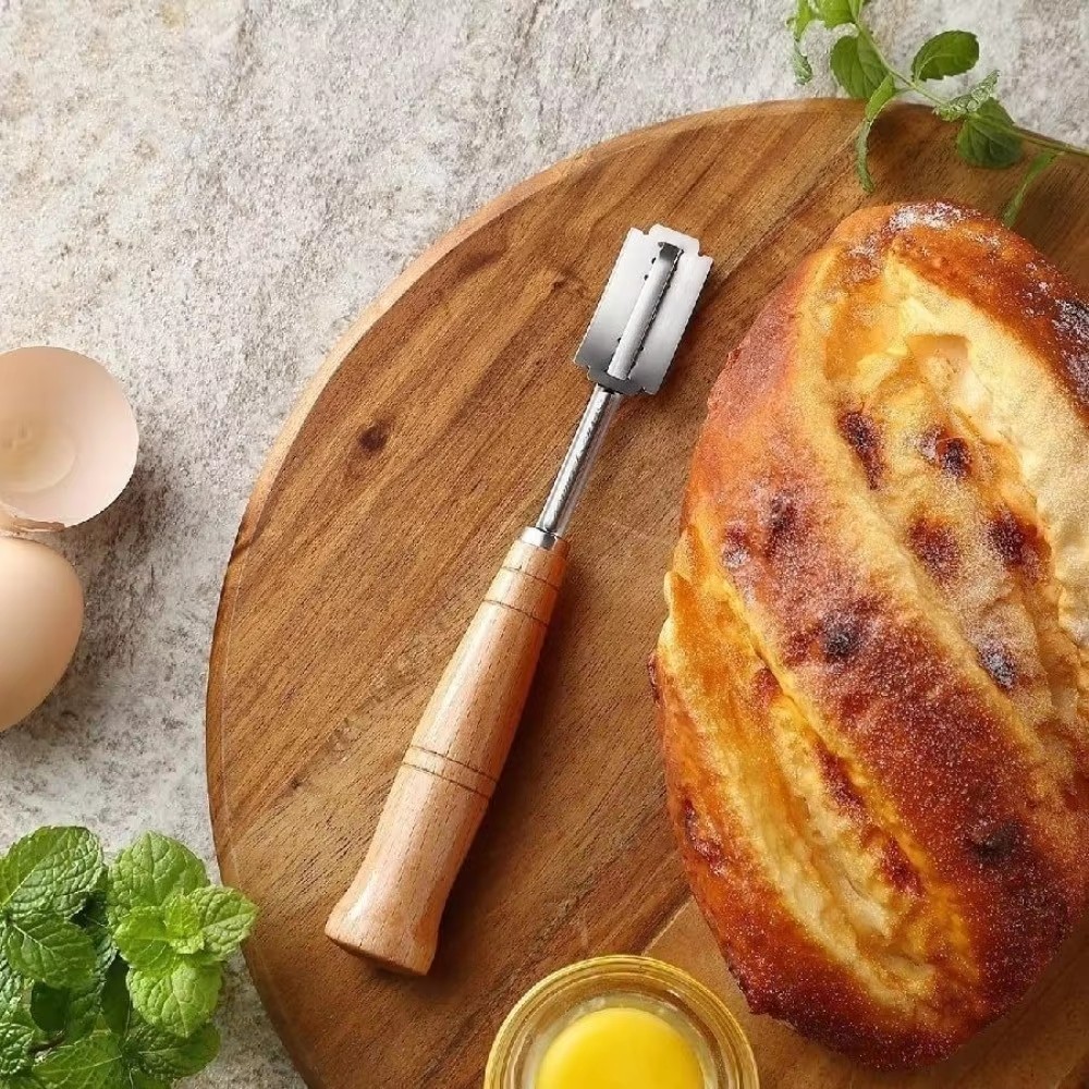 Wooden Handle Bread Scoring Lame Curved Blade Stainless Steel Dough Slashing Tool 18.5cm 5PCS Blades Curved Bread Lame