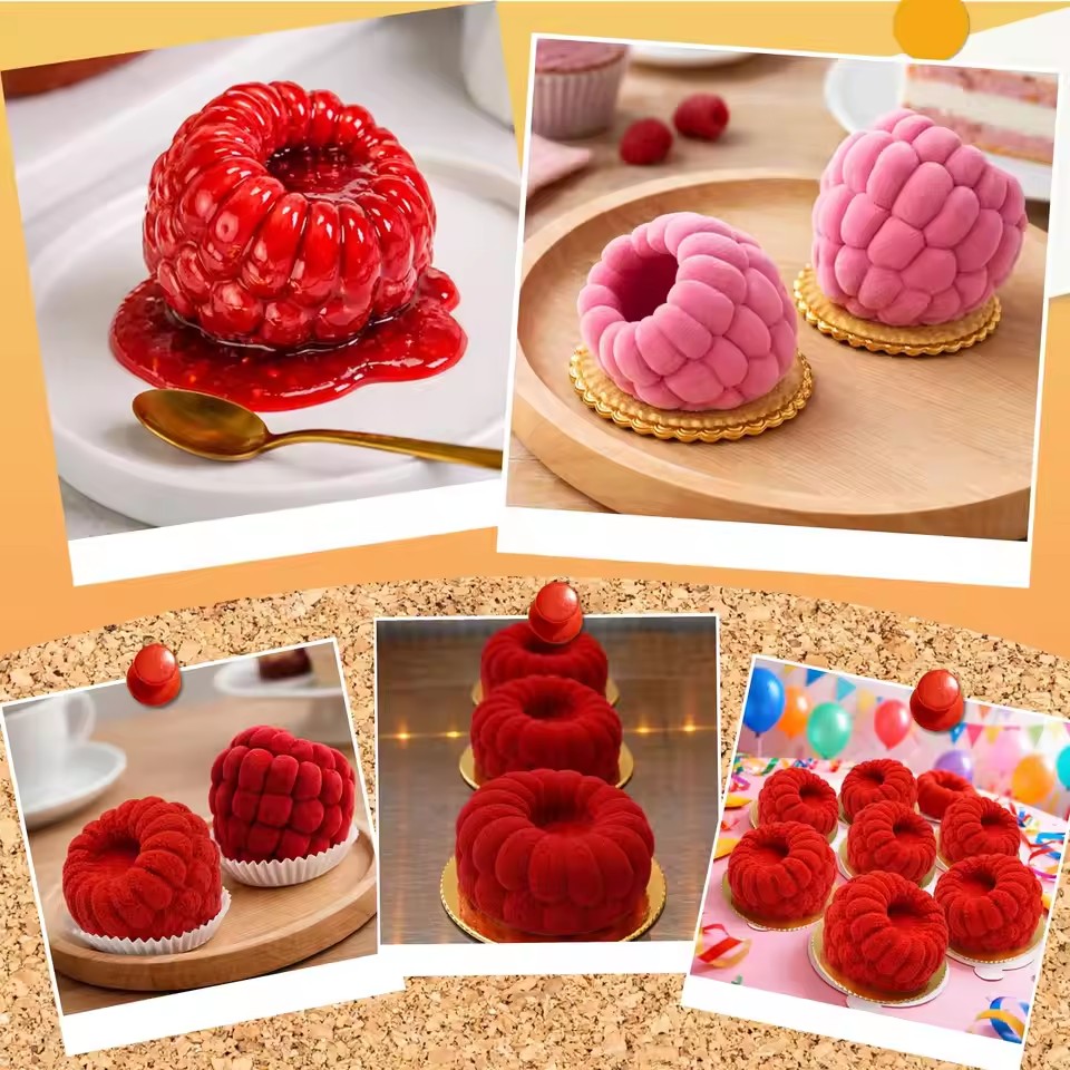 6-Cavity Raspberry Silicone Dessert Mold, Food Grade Chocolate Mousse Cake Baking Mold, Flexible Mold for Candy, Jelly&Ice Cube