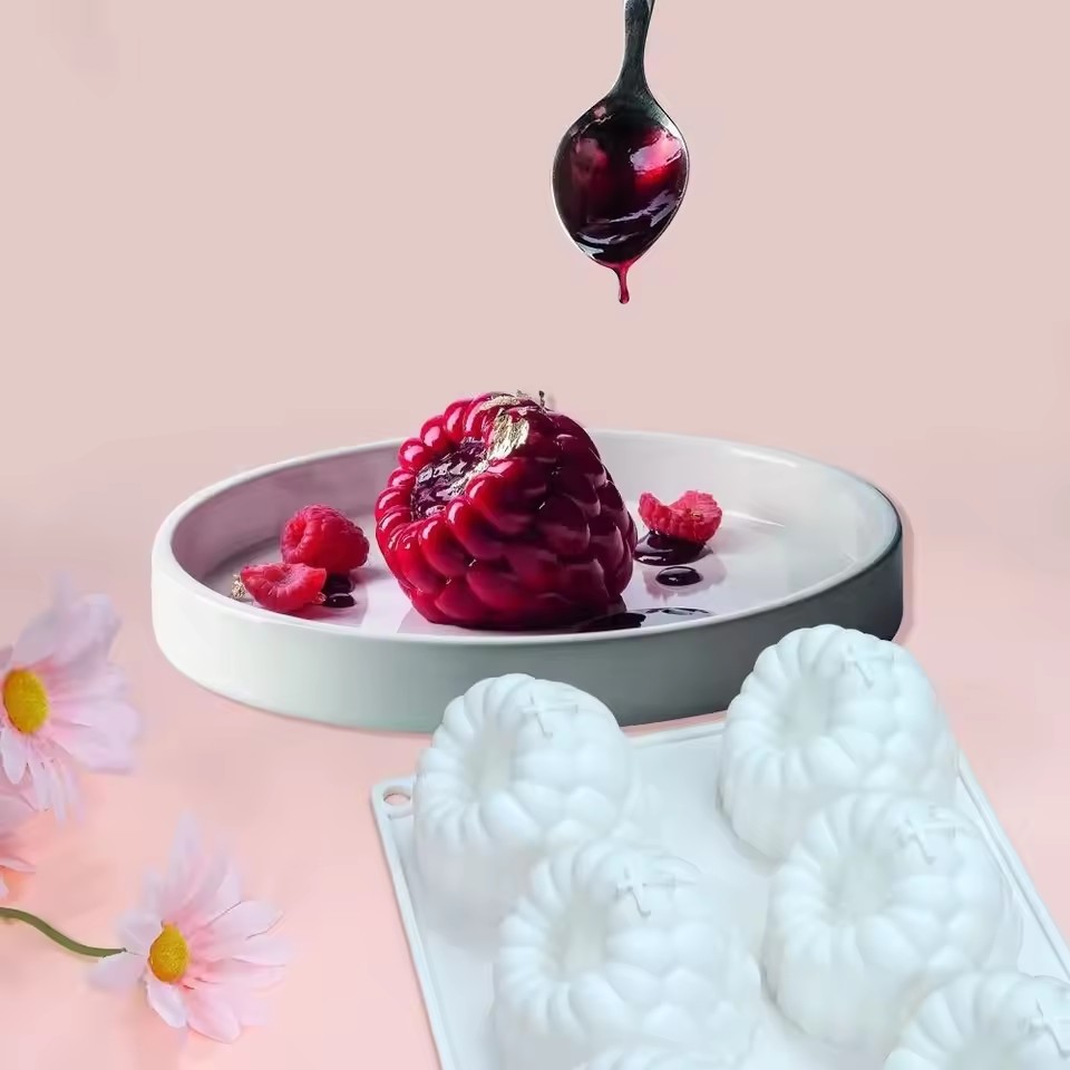 6-Cavity Raspberry Silicone Dessert Mold, Food Grade Chocolate Mousse Cake Baking Mold, Flexible Mold for Candy, Jelly&Ice Cube
