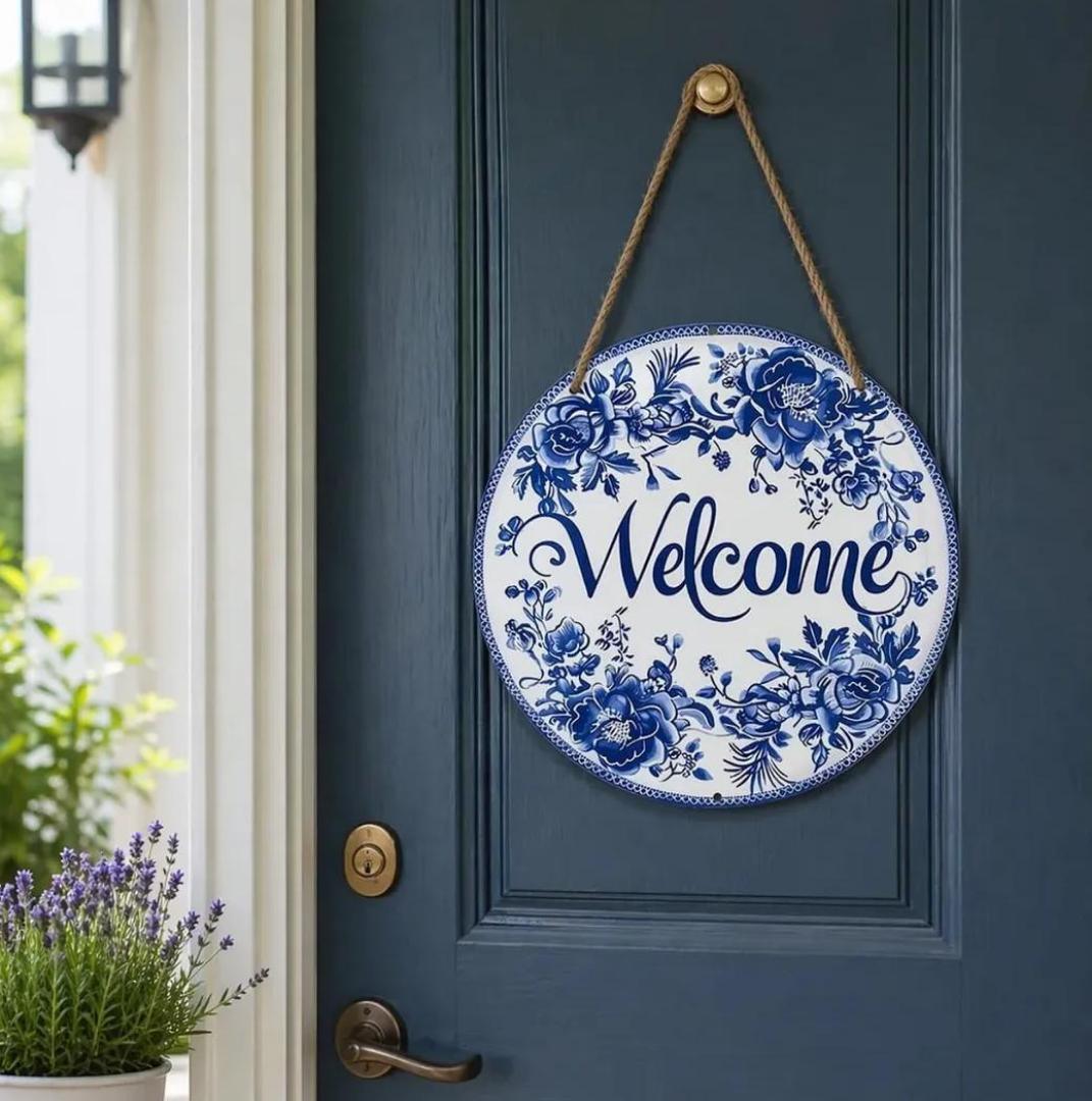 2D ROUND HOME DECOR VINTAGE HOME SIGN. This vintage round metal sign brings cheeky farmhouse charm to any space with its cream background, navy blue embossed text, and distressed rusty edges. It reads