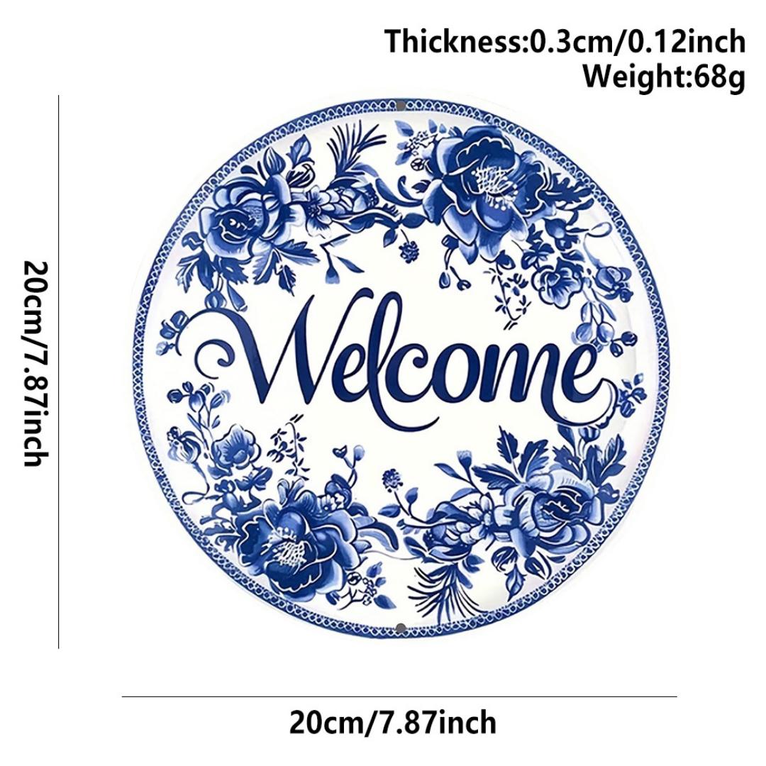 2D ROUND HOME DECOR VINTAGE HOME SIGN. This vintage round metal sign brings cheeky farmhouse charm to any space with its cream background, navy blue embossed text, and distressed rusty edges. It reads