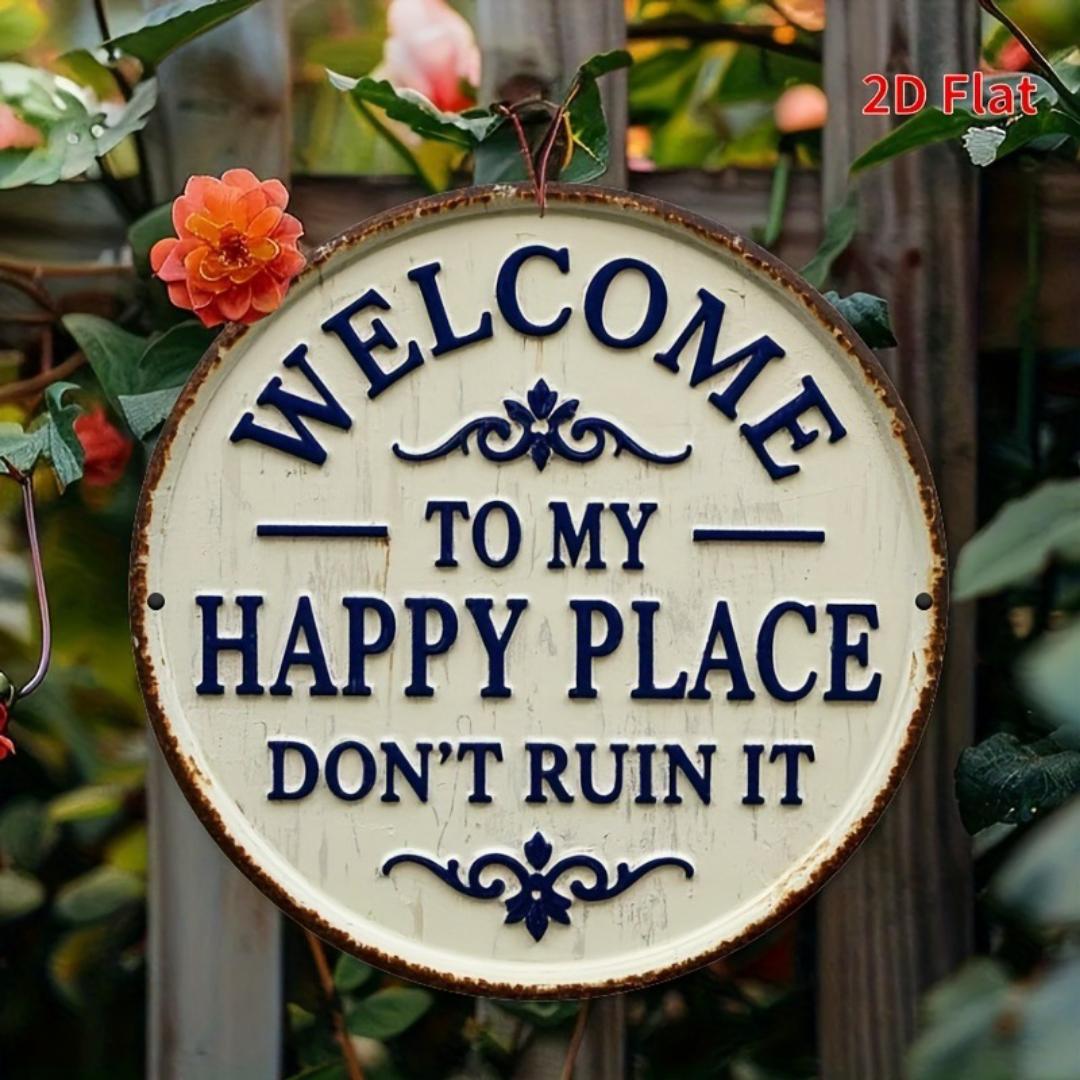 2D ROUND HOME DECOR VINTAGE HOME SIGN. This vintage round metal sign brings cheeky farmhouse charm to any space with its cream background, navy blue embossed text, and distressed rusty edges. It reads