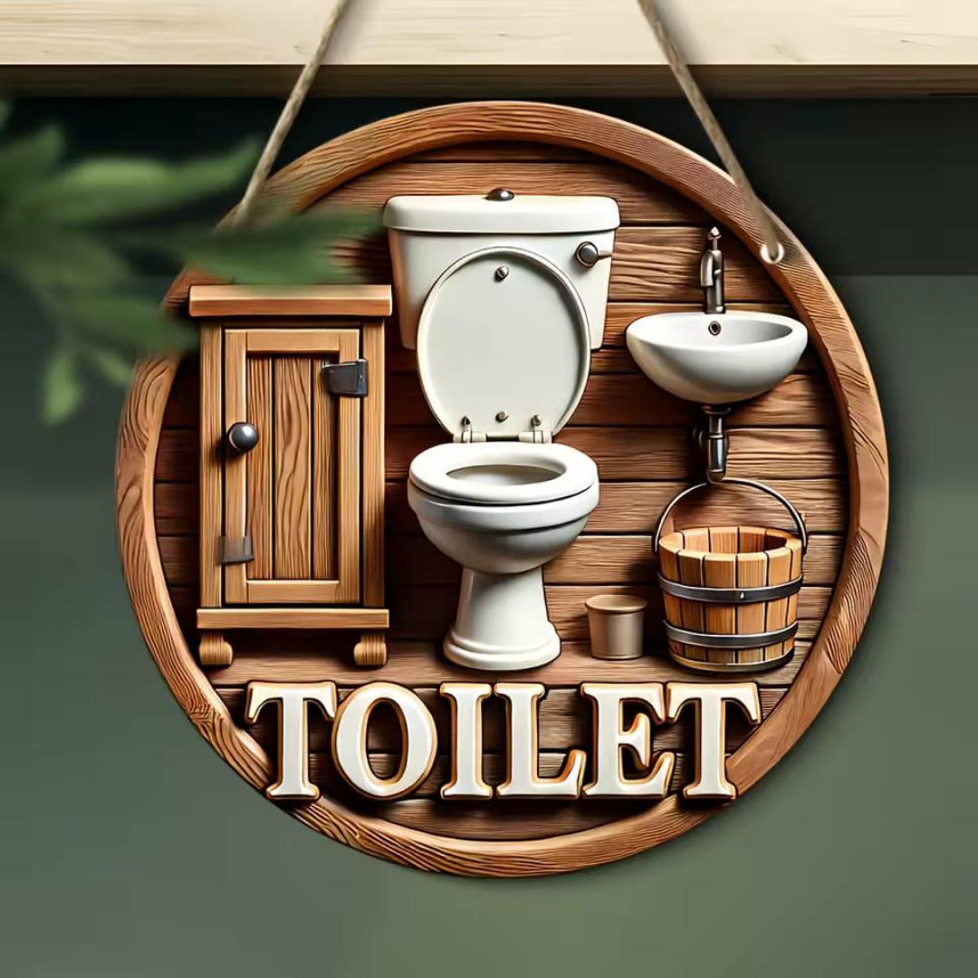 2D ROUND HOME DECOR VINTAGE HOME SIGN. This vintage round metal sign brings cheeky farmhouse charm to any space with its cream background, navy blue embossed text, and distressed rusty edges. It reads
