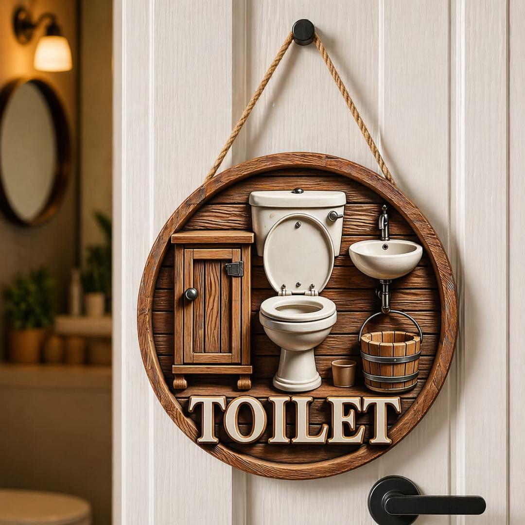 2D ROUND HOME DECOR VINTAGE HOME SIGN. This vintage round metal sign brings cheeky farmhouse charm to any space with its cream background, navy blue embossed text, and distressed rusty edges. It reads