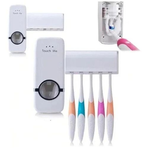 Automatic Toothpaste Dispenser with 5 Toothbrush Holders – Wall Mounted Toothpaste Squeezer, Bathroom Organizer, No-Drill Installation
