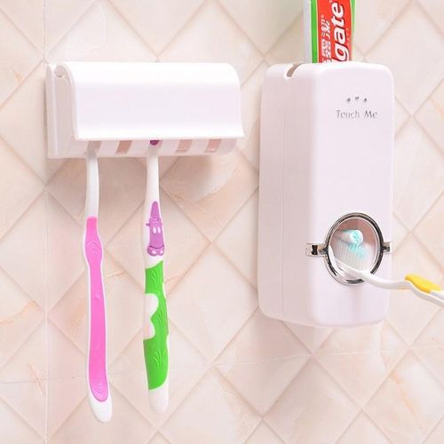 Automatic Toothpaste Dispenser with 5 Toothbrush Holders – Wall Mounted Toothpaste Squeezer, Bathroom Organizer, No-Drill Installation