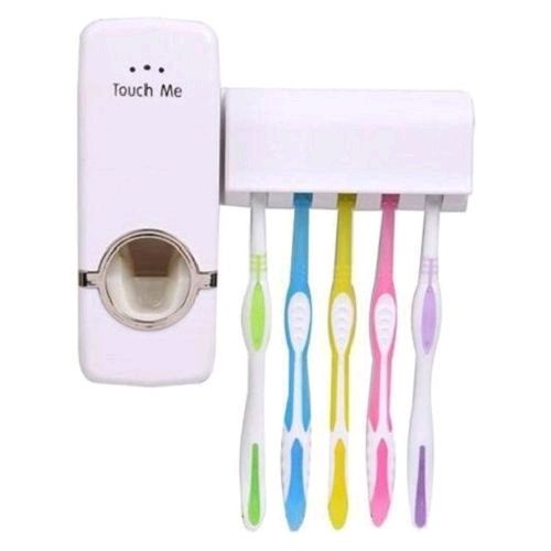 Automatic Toothpaste Dispenser with 5 Toothbrush Holders – Wall Mounted Toothpaste Squeezer, Bathroom Organizer, No-Drill Installation