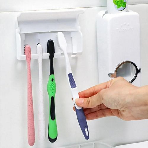 Automatic Toothpaste Dispenser with 5 Toothbrush Holders – Wall Mounted Toothpaste Squeezer, Bathroom Organizer, No-Drill Installation