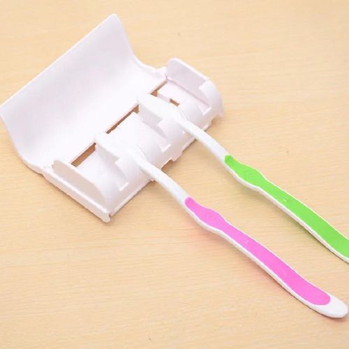 Automatic Toothpaste Dispenser with 5 Toothbrush Holders – Wall Mounted Toothpaste Squeezer, Bathroom Organizer, No-Drill Installation