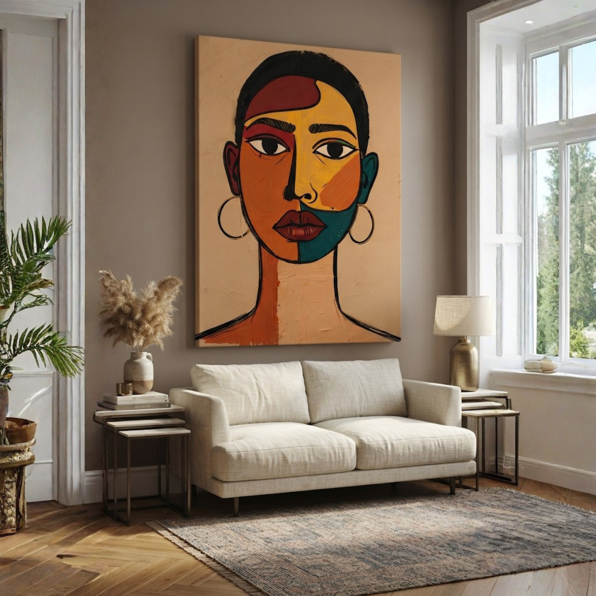 Modern African Woman Portrait Canvas Painting | Abstract Geometric Art Aesthetic Home & Office Decor, Abstract Woman Face Canvas Wall Art, Afrocentric Modern Portrait Print, Living Room Decor