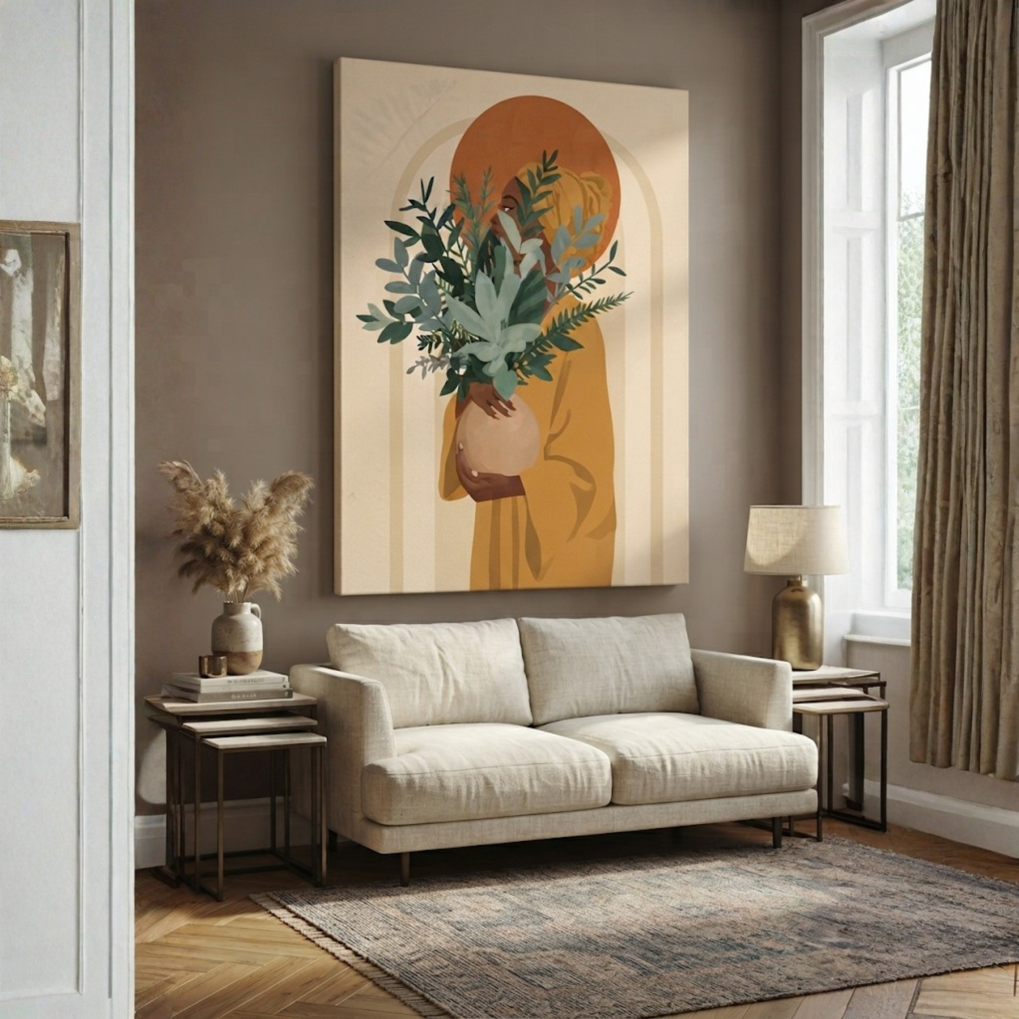 Abstract Woman & Foliage Canvas Painting | Bohemian Botanical Art Aesthetic Home & Office Decor, Boho Woman with Plants Canvas Wall Art, Afrocentric Botanical Portrait, Living Room Decor