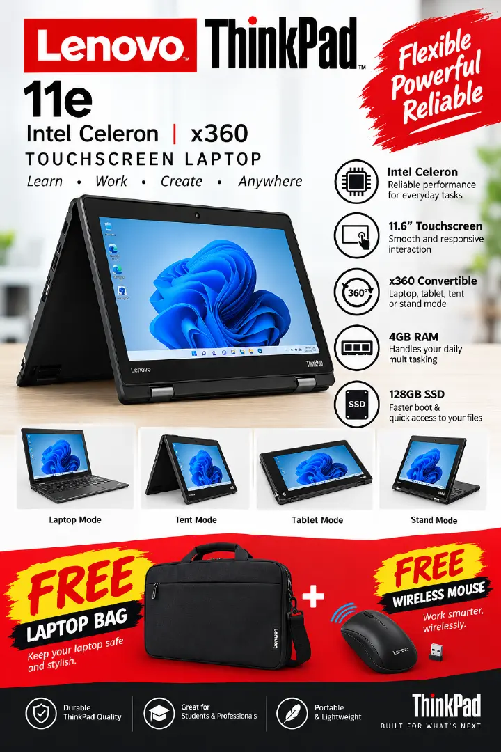 (Buy and GET FREE  FREE WIRELESS MOUSE AND LAPTOP BAG) Lenovo ThinkPad Yoga 11e X360 4GB RAM 128GB SSD plus FREE WIRELESS MOUSE AND LAPTOP BAG