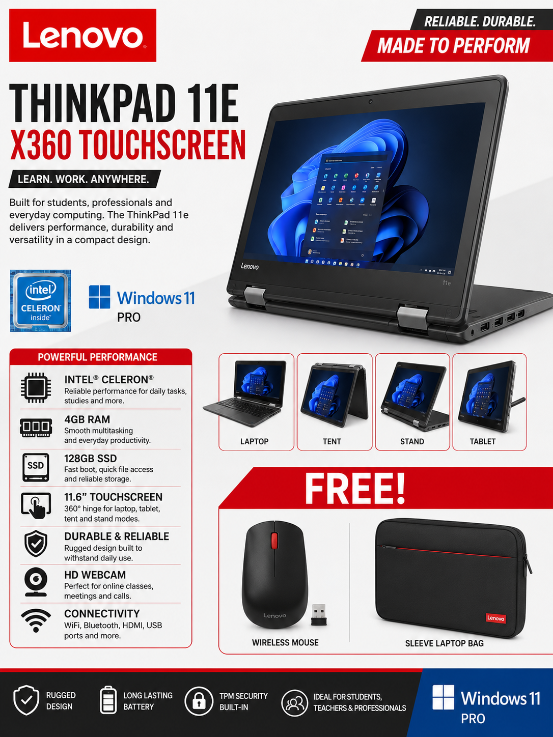 (Buy and GET FREE  Rechargeable wireless Mouse & FREE Sleeve Laptop Bag) Lenovo ThinkPad Yoga 11e X360 4GB RAM 128GB SSD plus FREE WIRELESS MOUSE AND SLEEVE LAPTOP BAG  ideal for light computing tasks