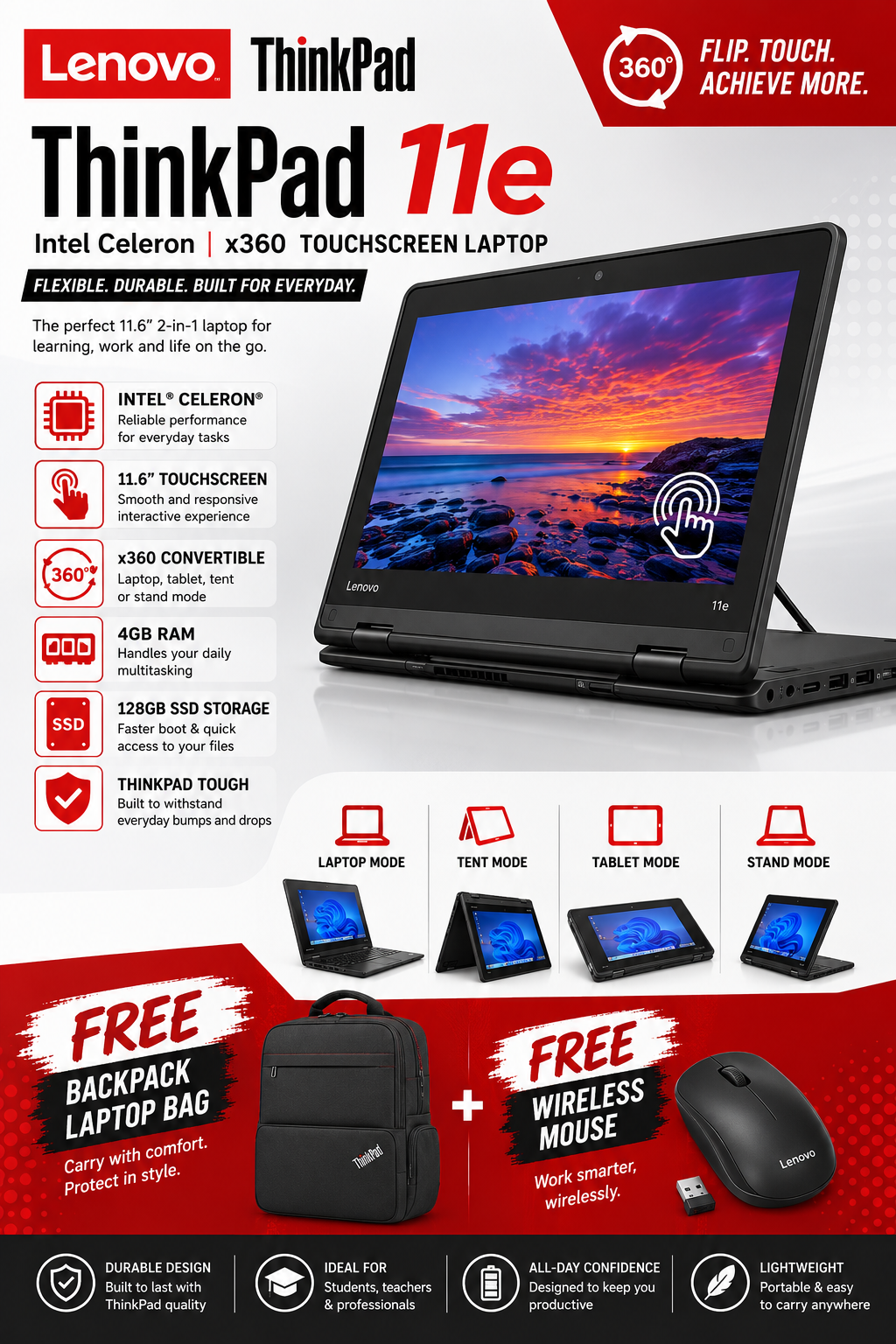 💻(Buy and GET FREE  FREE WIRELESS MOUSE AND LAPTOP BAG) 💻Lenovo ThinkPad Yoga 11e X360 4GB RAM 128GB SSD plus FREE WIRELESS MOUSE AND BACKPACK LAPTOP BAG  ideal for light computing tasks.
