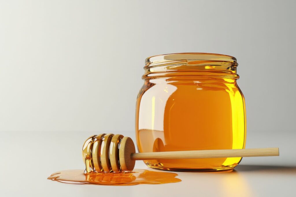 Honey is a sweet, viscous food substance made by honey bees from the nectar of flowers or plant secretions. It is primarily composed of sugars like fructose and glucose, with low water content .