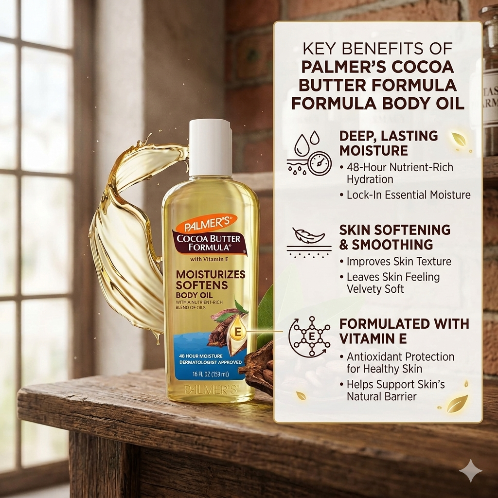 PALMER'S Cocoa-Butter-Formula-Body-Oil Moisturizes & Nourishes-250ml.This body oil absorbs quickly and heals dry skin for glowing radiance with non-greasy, rich moisturisation.