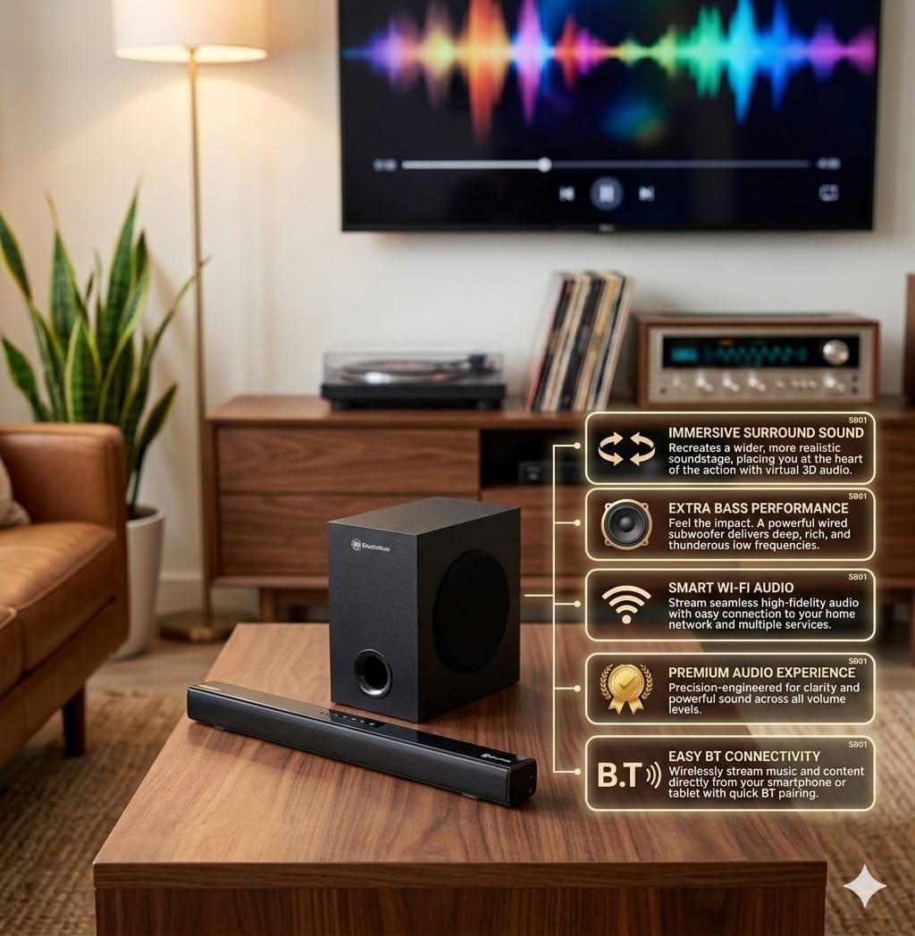 SB01 Soundbar Speaker System a Bluetooth icon is visible on the bottom right of the box, indicating wireless streaming capabilities.Hi-Fi audio output,3D surround sound capabilities, and enhanced bass