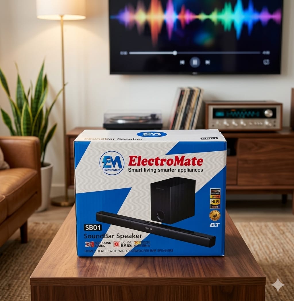 SB01 Soundbar Speaker System a Bluetooth icon is visible on the bottom right of the box, indicating wireless streaming capabilities.Hi-Fi audio output,3D surround sound capabilities, and enhanced bass