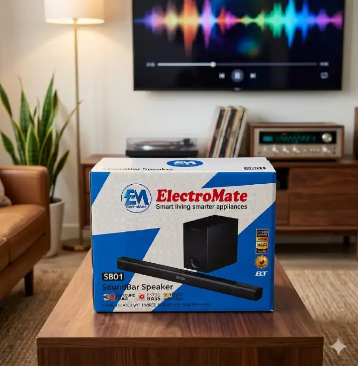 SB01 Soundbar Speaker System a Bluetooth icon is visible on the bottom right of the box, indicating wireless streaming capabilities.Hi-Fi audio output,3D surround sound capabilities, and enhanced bass