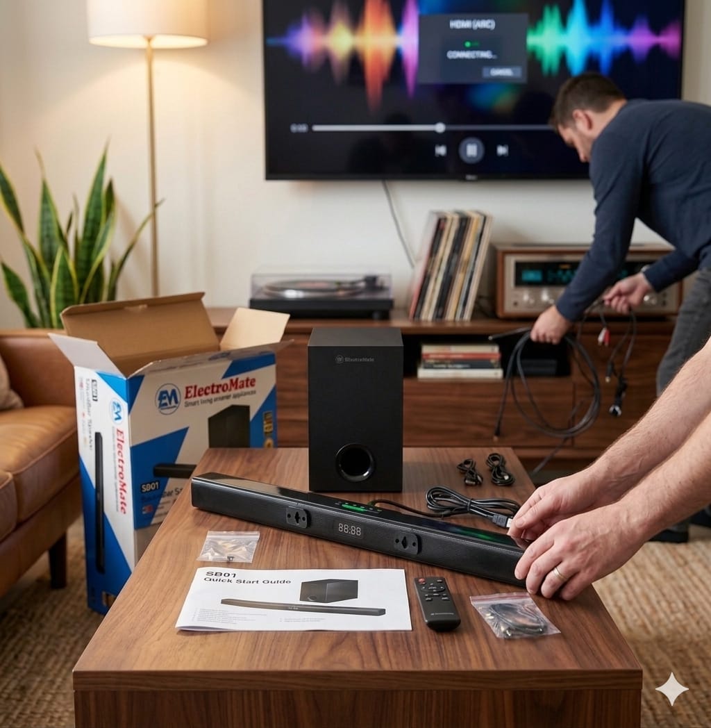 SB01 Soundbar Speaker System a Bluetooth icon is visible on the bottom right of the box, indicating wireless streaming capabilities.Hi-Fi audio output,3D surround sound capabilities, and enhanced bass