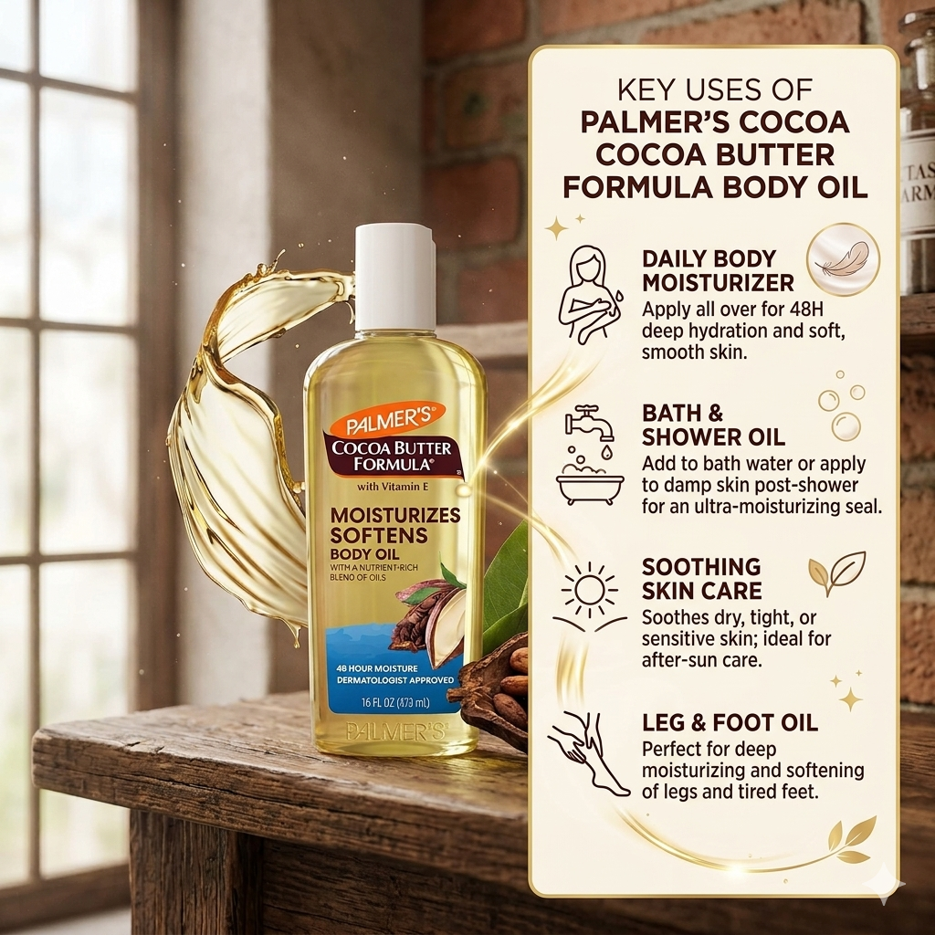 PALMER'S Cocoa-Butter-Formula-Body-Oil Moisturizes & Nourishes-250ml.This body oil absorbs quickly and heals dry skin for glowing radiance with non-greasy, rich moisturisation.