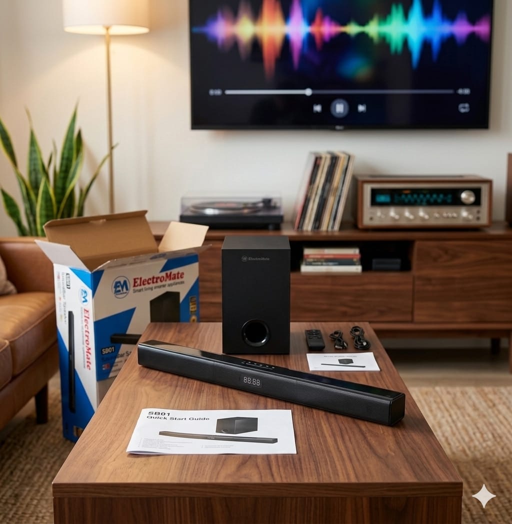 SB01 Soundbar Speaker System a Bluetooth icon is visible on the bottom right of the box, indicating wireless streaming capabilities.Hi-Fi audio output,3D surround sound capabilities, and enhanced bass