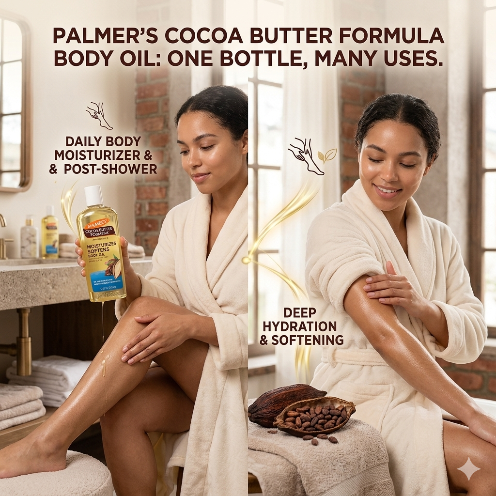 PALMER'S Cocoa-Butter-Formula-Body-Oil Moisturizes & Nourishes-250ml.This body oil absorbs quickly and heals dry skin for glowing radiance with non-greasy, rich moisturisation.