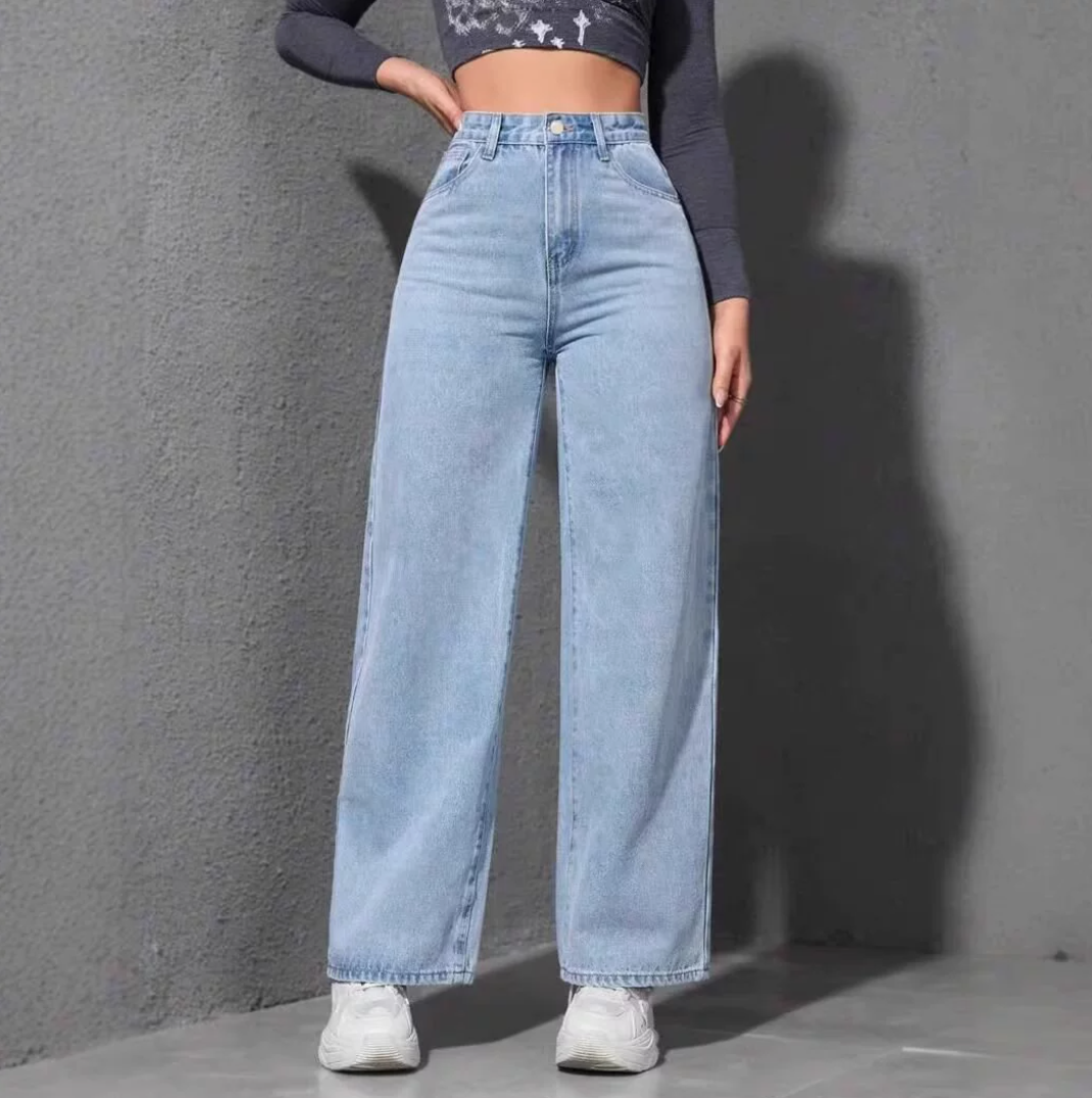 Women Casual Baggy Jeans Boyfriend High Waist Button Down Wide Leg Pants With Pockets Office Lady Solid Draped Straight Pants ladies trousers girl clothes Local fast delivery
