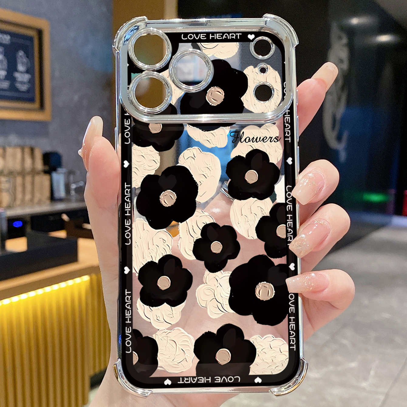 for iPhone 17 Pro Max 16 15 14 Plus Plating Phone Case Shockproof Cover Heart Flowers