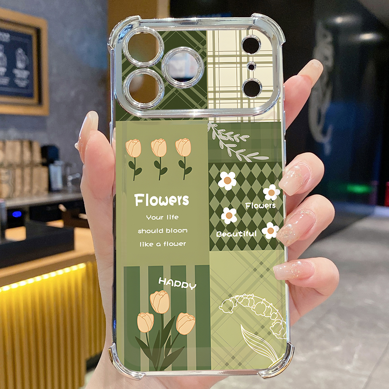 for iPhone 17 Pro Max 16 15 14 Plus Plating Phone Case Shockproof Cover Swallow Gird Army Green Flowers