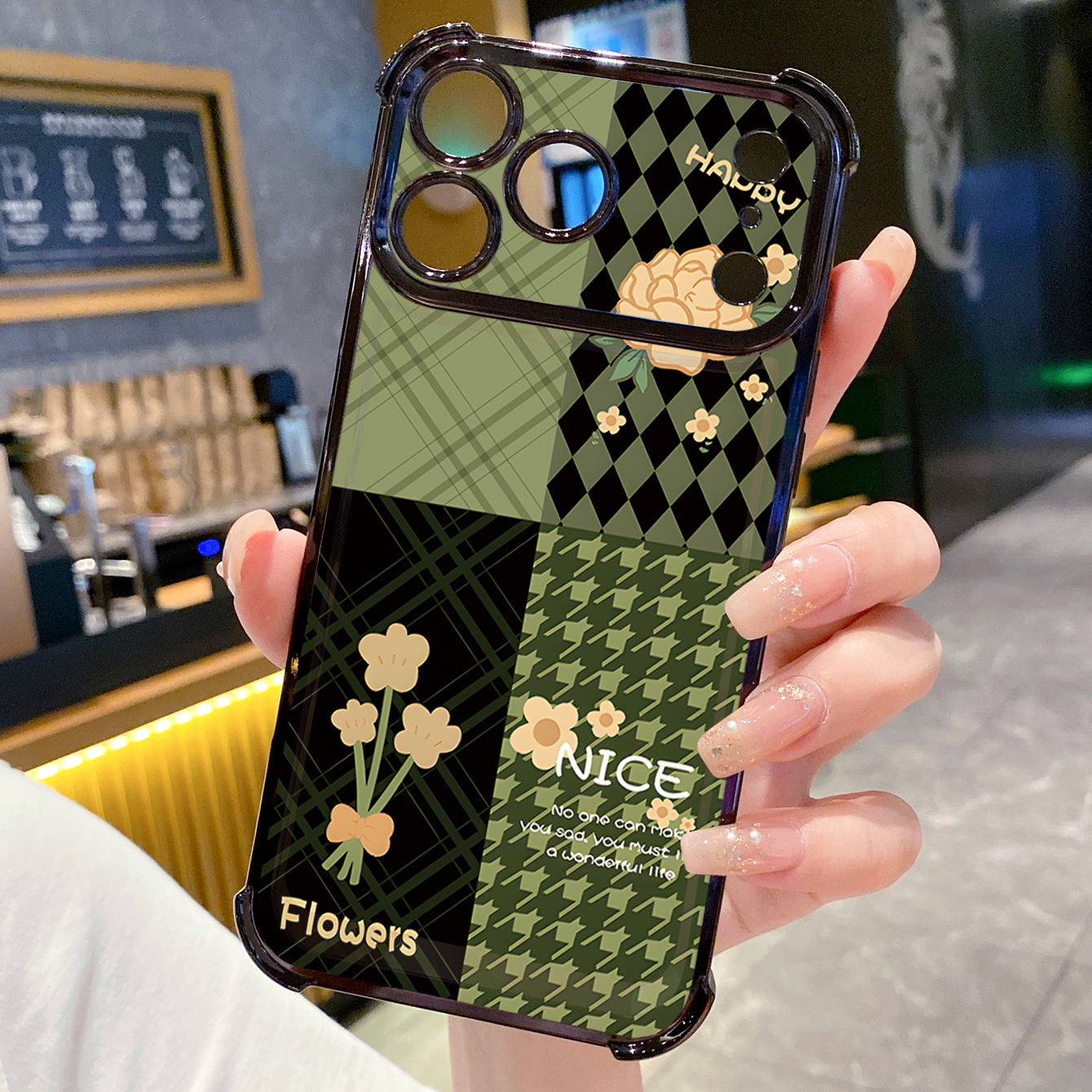 for iPhone 17 Pro Max 16 15 14 Plus Plating Phone Case Shockproof Cover Swallow Gird Army Green Flowers