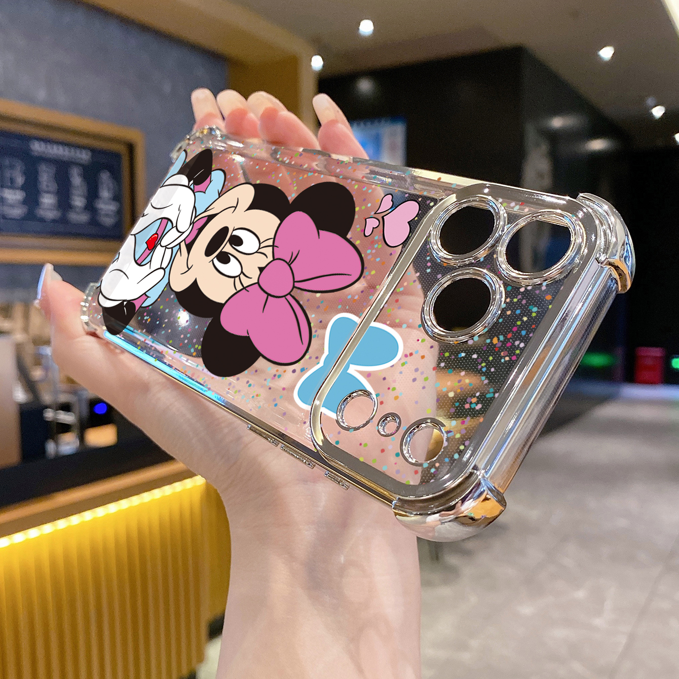 for iPhone 17 Pro Max 16 15 14 Plus Plating Phone Case Shockproof Cover Mickey Minnie Love Heart Sign
