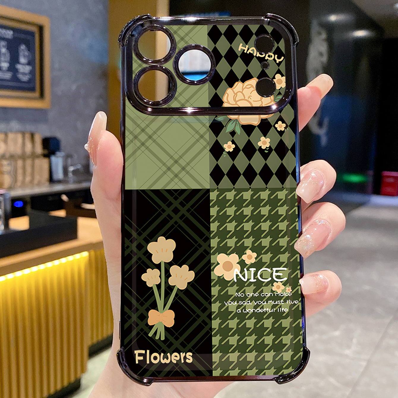 for iPhone 17 Pro Max 16 15 14 Plus Plating Phone Case Shockproof Cover Swallow Gird Army Green Flowers