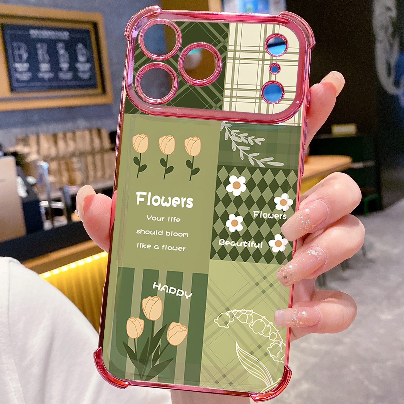 for iPhone 17 Pro Max 16 15 14 Plus Plating Phone Case Shockproof Cover Swallow Gird Army Green Flowers
