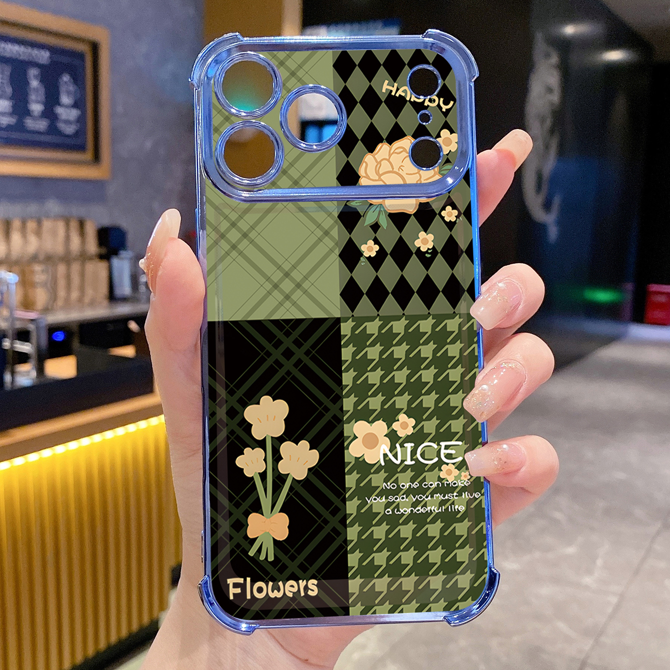 for iPhone 17 Pro Max 16 15 14 Plus Plating Phone Case Shockproof Cover Swallow Gird Army Green Flowers