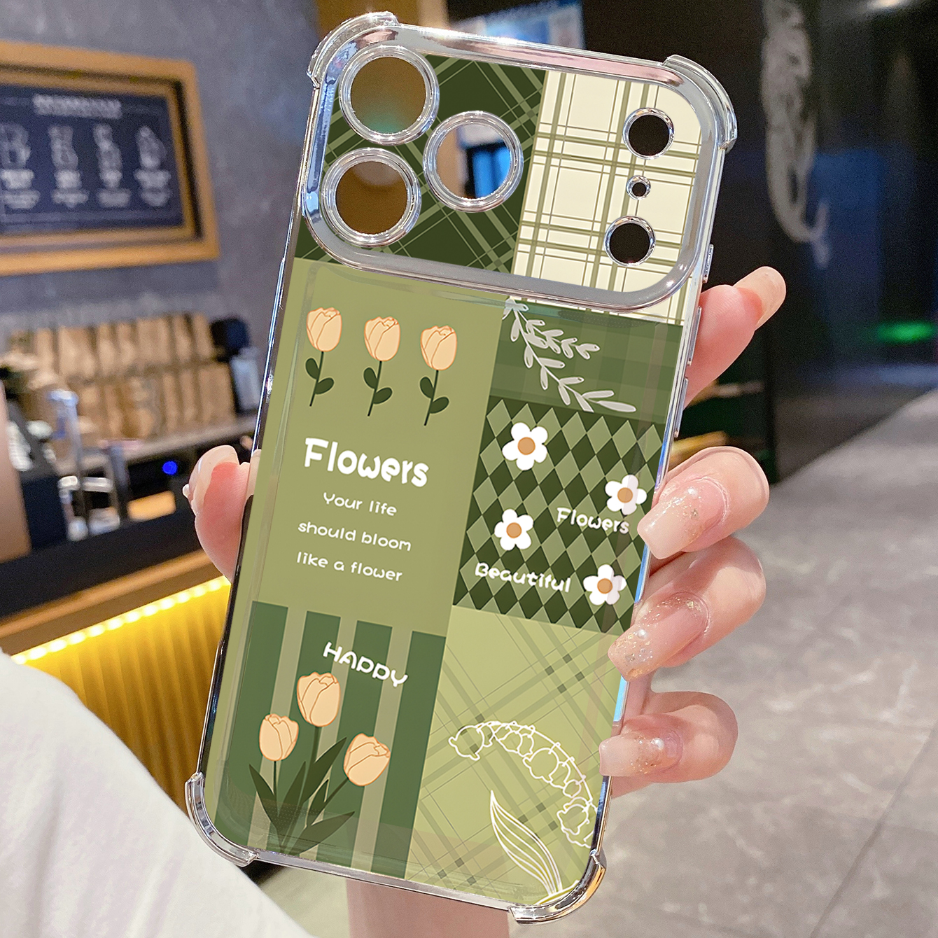 for iPhone 17 Pro Max 16 15 14 Plus Plating Phone Case Shockproof Cover Swallow Gird Army Green Flowers
